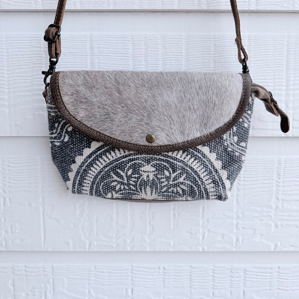 Myra Western Hair On Hide Crossbody Bag Blue Floral Recycled Materials Boho